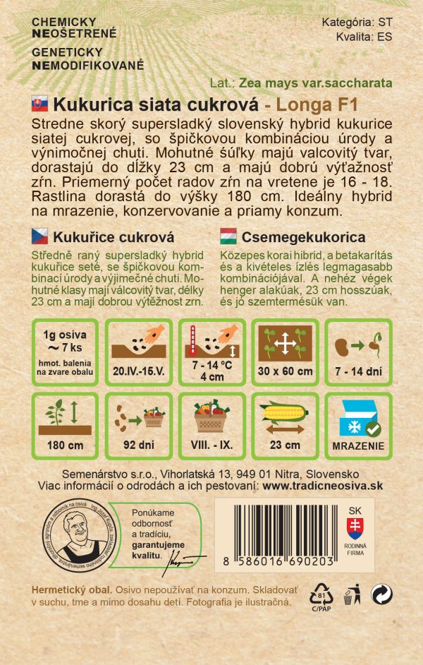 Kukurica cukrová supersladká LONGA F1 10g Semenárstvo popis