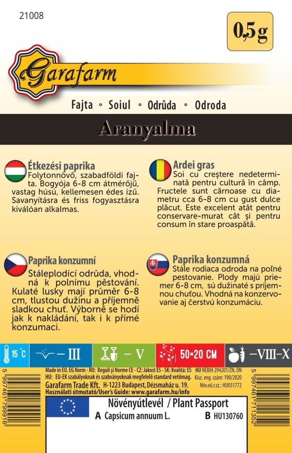 Paprika jabĺčková sladká Aranyalma 0,5 g Garafarm popis