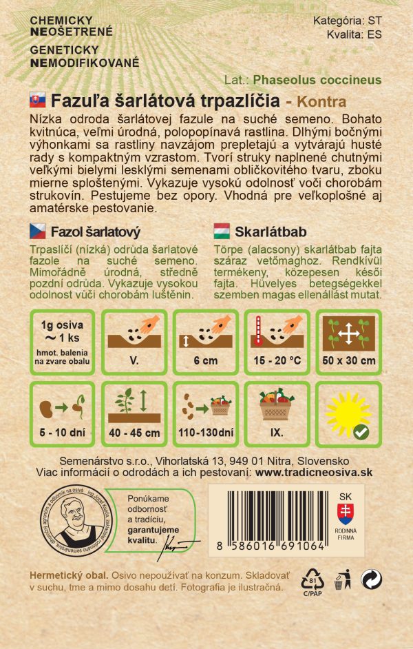 Fazuľa šarlátová – trpazlíčia ( biela veľká ) KONTRA 20 g Semenárstvo - Image 2