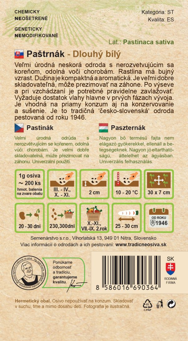 Paštrnák DLOUHÝ BÍlÝ 3 g SEMENÁRSTVO popis