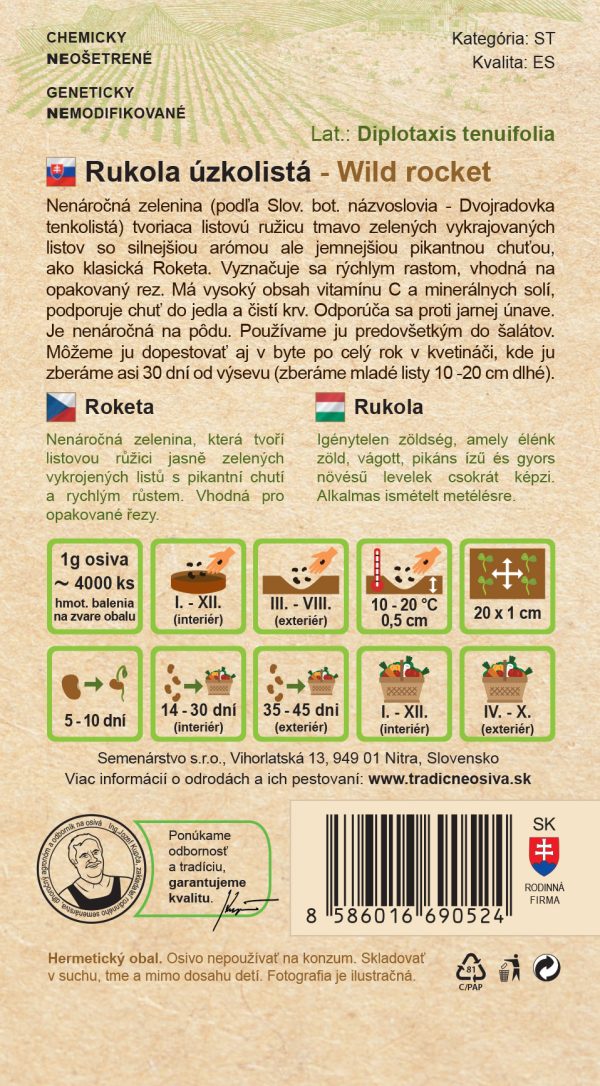 Rukola WILD ROCKET 3 g SEMENÁRSTVO popis